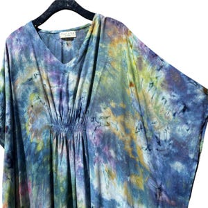 BONDI Ice Dyed Caftan | Hand Tie Dye Rayon Kaftan | Rainbow + Blue Boho V Neck Beach Dress | Lightweight Cover Up Muumuu