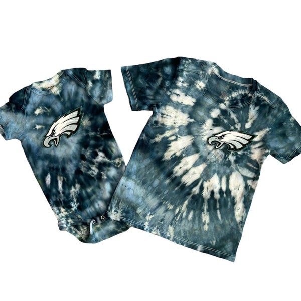 EAGLES Tie Dye Baby Onesie + Toddler Tee | Tocayo Hand Dyed Infant Bodysuit with Logo Graphic | Philly Philadelphia NFL