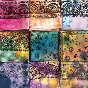Ice Dyed Paisley Bandana | Hand Tie Dye Cotton 22&quot; Handkerchief |  Scarf Hair Tie Head Wrap | Furoshiki Reusable Gift Wrap Bandanna