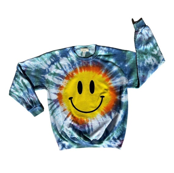 HAPPY FACE Tie Dyed Crew Sweatshirt S-2XL Hand Painted Rainbow