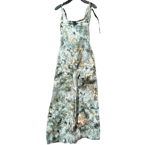 Upcycled Petite / Small NORI Ice Dyed Linen Overalls | Tocayo Hand Tie Dye Summer Beach Romper Jumpsuit | Lightweight 9 Seed Dark Green