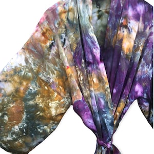 NARNIA Ice Dyed Kimono Robe | Tocayo Tie Dye Rayon Duster w/ Belt | Purple Green Gold