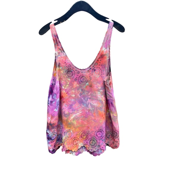 Upcycled NILOU Ice Tie Dye Silk Tank Size S/M | Applique Embroidery