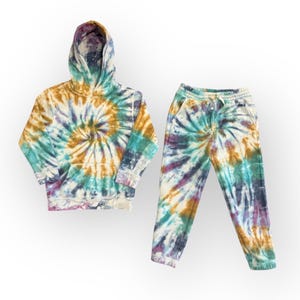 Rainbow Tie Dye Kids Sweatsuit Size 8 years | 2 piece set - Crew + Jogger Sweatpants | Tocayo Hand  Dyed Fleece Gender Neutral Spiral