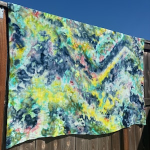 Ice Dyed Cotton Gauze Blanket | Muslin Hand Tie Dye Blanket | Light Summer Weight Cotton Tocayo Rainbow Blue Yellow Pink Green