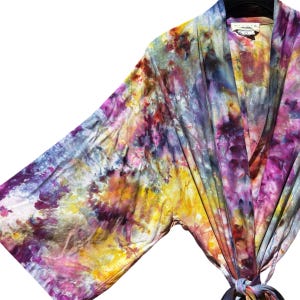 NILOU Ice Dyed Kimono Robe | Tie Dye Unisex Adult Rayon Belted Knee Length Duster Rainbow Hand Dyed Spa Loungewear Purple Red Rainbow