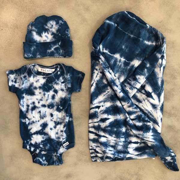 INDIGO Shibori Welcome Home 3pc Baby Set Tie Dye Onesie + Hat + Swaddle Blanket | Dark Blue Navy Hand Dyed Infant Bodysuit  Newborn 0 3 6 mo
