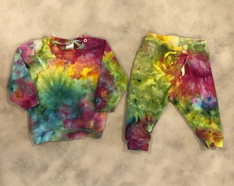 MOOD RING Tie Dye Baby Sweatsuit 2m-18m | Tocayo Rainbow Hand Ice Dyed Crew Fleece + Jogger Pants | Organic Cotton Blend Infant + Toddler