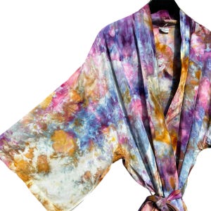 GOLDEN HOUR Ice Dyed Kimono Robe | Tocayo Tie Dye Rayon Duster w/ Belt | Purple Pink Gold Sunset