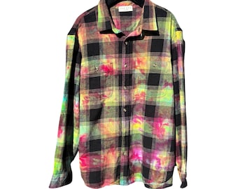 MOOD RING Ice Dyed Flannel Shirt Size M 2XL | Hand Dyed Men&#39;s Rainbow Buffalo Plaid  | Tocayo Tie Dye Black Check | Brushed Cotton