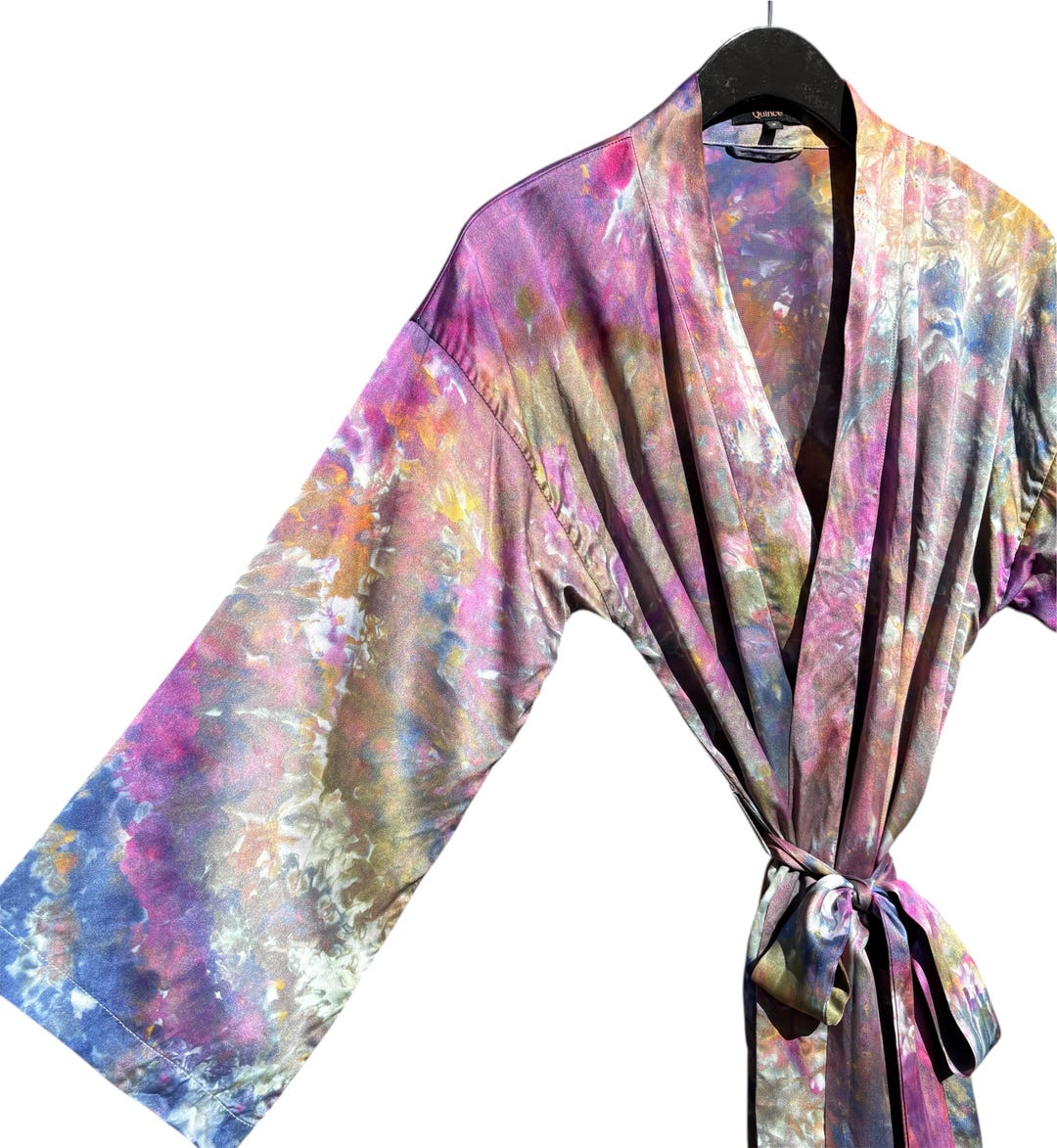 MIDNIGHT Ice Tie Dyed Silk Robe Size S/M | Quince Belted Wrap Kimono ...