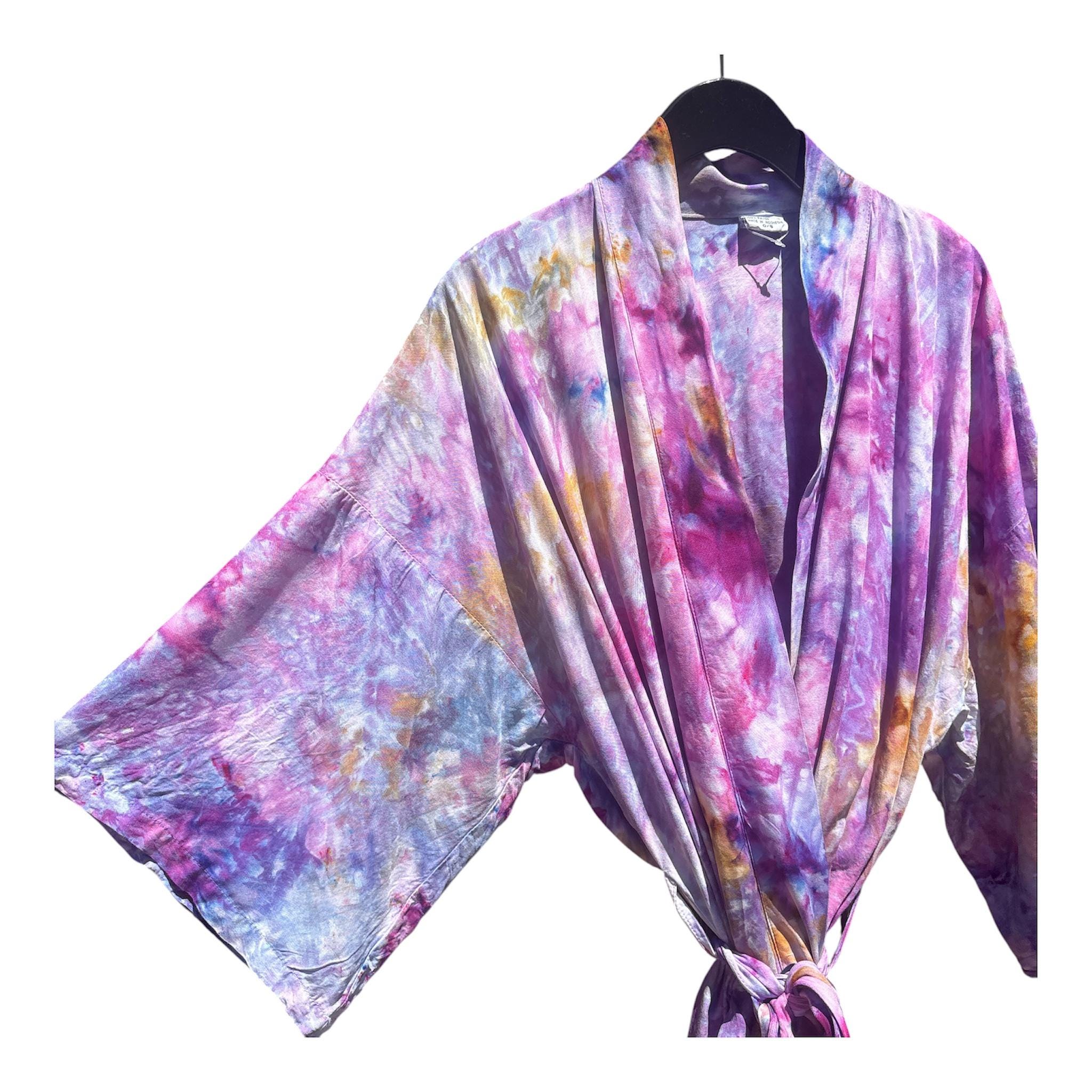 GOLDEN HOUR Ice Dyed Kimono Robe Sunset Tie Dye Rayon Duster w/ Belt