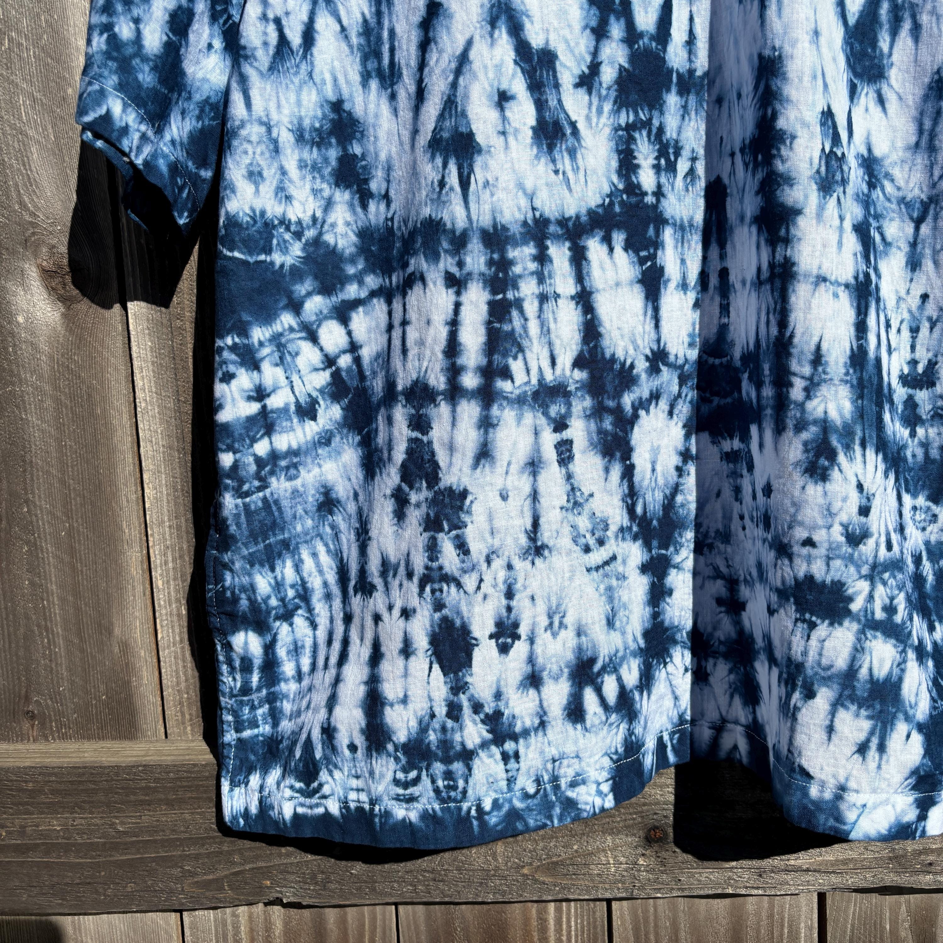 HERON PRESTON チノパン SHIBORI TIE DYE CHINO Indigo Shibori Tie Dye Linen Cotton Shirt | Button Front Short
