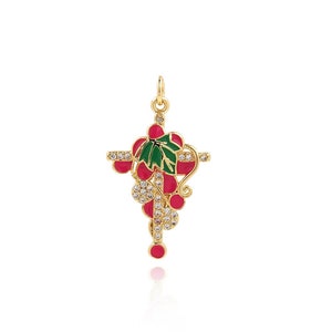 Micropavé CZ Fruit Necklace, Enamel Fashion Grape Pendant, 18K Gold Filled Fruit Charm, DIY Jewelry Making Accessory, 30.5x17.4x2.4mm