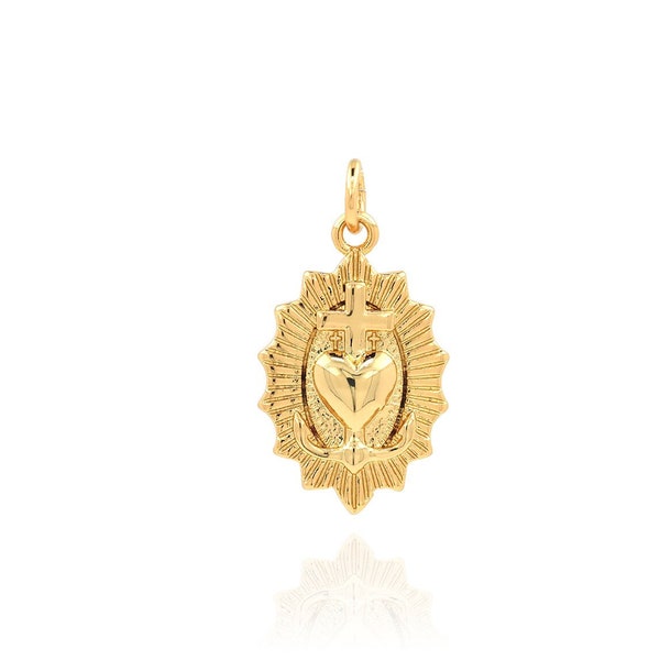 18K Gold Filled Sacred Heart Pendant, Cross Heart Charm, Religious Necklace,Sacred Heart of Jesus Medal,DIY Jewelry Accessories, 24x13x2.6mm