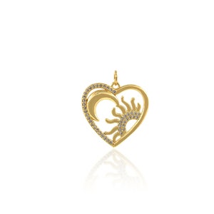 Heart Pendant, 18K Gold Filled Openwork Moon Charm, Micropavé CZ Sun Necklace, Sun Moon Charm, DIY Jewelry Making Accessory, 21.5x23.5x2.3mm