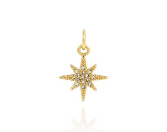North Star Pendant, 18K Gold Filled Star Charm, Micropavé CZ Starburst Necklace, DIY Jewelry Making Accessory, Gift for Her, 11.5x16.5x1.5mm