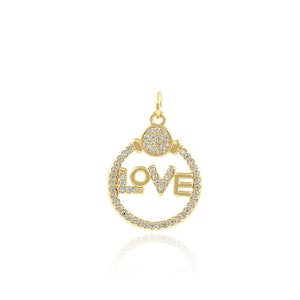 Pingente redondo, pingente de palavra de amor preenchido com ouro 18K, pingente de amor, colar redondo micropavé CZ, acessório para fazer joias DIY, 17,5x25,5x2,3mm