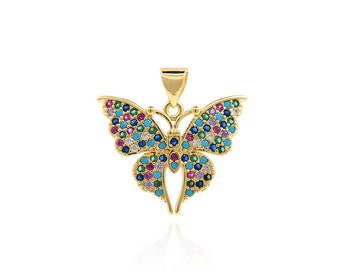 Insect Pendant, 18K Gold Filled Monarch Butterfly Charm, Micropavé CZ Butterfly Necklace, DIY Jewelry Making Accessory, 22x23x2mm