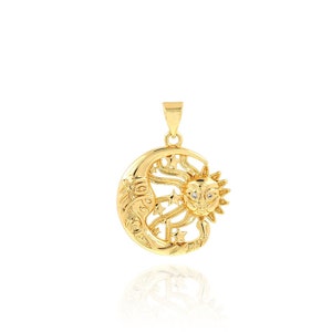 Round Sun Moon Pendant, 18K Gold Filled Sun Charm, Micropavé CZ Moon Necklace, DIY Jewelry Making Accessory, Gift for Her, 19x26x3.5mm