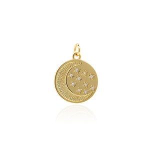 Round Star Moon Pendant, Micropavé CZ Crescent Charm, 18K Gold Filled Polaris Pendant, DIY Jewelry Making Supplies, 21x15.5x1.4mm