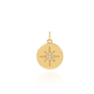 Round Polaris Pendant, 18K Gold Filled Star Charm, Micropavé CZ Starburst Necklace, Round Charm, DIY Jewelry Making Accessory, 14.2x20x1.2mm