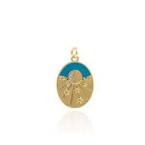 Oval Enamel Sun Pendant, 18K Gold Filled Summer Charm, Micropavé CZ Sunshine Necklace, DIY Jewelry Making Accessory, 25x15.5x2mm