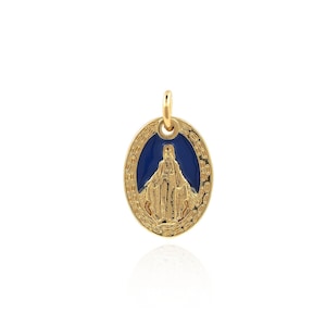 18K Gold Filled Oval Enamel Madonna Pendant, Enamel Religious Pendant, Catholic Medal, DIY Jewelry Making Accessories, 18x11x1.4mm