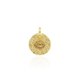 Round Gold Evil Eye Pendant, 18K Gold Filled Lucky Eye Charm, Magic Eye Charm, Gold Coin Charm, DIY Jewelry Making Accessories, 15x12x1.5mm