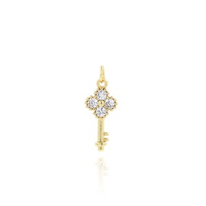 Fashion Flower Key Pendant, 18K Gold Filled Flower Charm, Micropavé CZ Key Necklace, Gift for Her, DIY Jewelry Making Accessory, 9x23.5x3mm