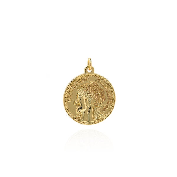 French Coin Pendant, 18K Gold Filled Gold Coin Charm, Ancient Roman Gold Coin Necklace, DIY Jewelry Making Accessories, 32x25x2mm