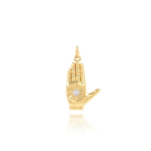 Dainty Hamsa Pendant, 18K Gold Filled Hand of Fatima Charm, Micropavé CZ Evil Eye Necklace, DIY Jewelry Making Accessory, 14x25.5x3mm