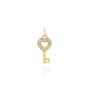 Heart Key Pendant, 18K Gold Filled Heart Charm, Micropavé CZ Key Necklace, Gift for Her, DIY Jewelry Making Accessory, 7.5x19x1.5mm