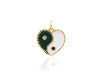 Enamel Heart Taoist Pendant, 18K Gold Filled Bagua Charm, Yin Yang Pendant, Tai Chi Charm, DIY Jewelry Making Accessories, 18x15x2.2mm