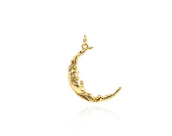 Gold Moon Face Pendant, 18K Yellow Gold Filled Crescent Charm, Crescent Necklace, Moon Charm, DIY Jewelry Making Accessories, 30x23x3mm