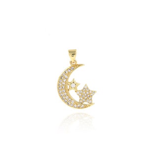 Star Moon Pendant, 18K Gold Filled Moon Charm, Micropavé CZ Starburst Necklace, DIY Jewelry Making Accessory, Gift for Her, 17x26.5x2.5mm