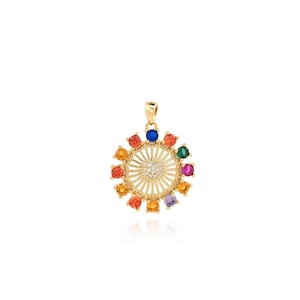 Round Multicolored Zircon Pendant, 18K Gold Filled Round Charm, Micropavé CZ Heart Necklace, DIY Jewelry Making Accessory, 26x20x3.2mm