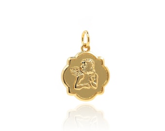 Gold Angel Pendant, 18K Gold Filled Religious Charm, Angel Charm, Coin Charm, DIY Jewelry Making Accessories, 20x15x2.5mm