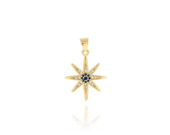 North Star Pendant, 18K Gold Filled Star Charm, Micropavé CZ Starburst Necklace, DIY Jewelry Making Accessory, Gift for Her, 17.5x26.5x2.5mm