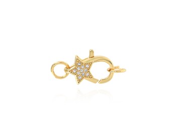 Pentagram Clasp, 18K Gold Filled Lobster Clasp, Necklace Clasp, Micropavé CZ Keychain, Carabiner,Bracelet Clasp,DIY Jewelry Making Supplies