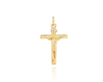 Jesus Cross Pendant, 18K Gold Filled Cross Charm, Micropavé CZ Catholic Necklace, Gift for Her, DIY Jewelry Making Accessory, 26.5x16x5mm