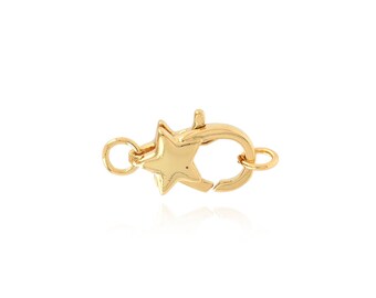 May include: Gold-toned star-shaped clasp for a necklace or bracelet. The clasp is made of metal and has a spring-loaded mechanism.