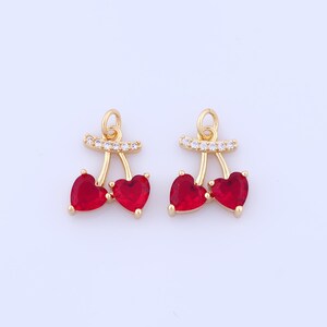 18K Gold Filled Cherry Pendant,Micro pave Zirconia Fruit Charms,Heart Charms DIY Bracelet Necklace Jewelry Making Findings Supply