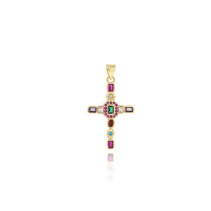 Color Zirconium Cross Pendant, 18K Gold Filled Catholic Charm, Micropavé CZ Religious Necklace, DIY Jewelry Making Accessory,34x18.5x2.7mm