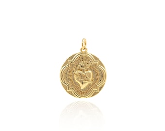 18K Gold Filled Shiny Heart Pendant, Medal Necklace, Round Pendant, Medal Charm, Round Charm, Gold Medal Pendant, 22.5x17.5x2.3mm