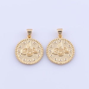 18K Gold Filled Round Pendant, Micropave Zirconia Star Charms, DIY Jewelry Making Findings Supplies