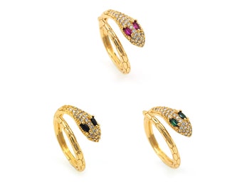 Snake Ring, 18k Yellow Gold Stuffed Reptile Ring, Snake Charm, Open Ring, Micropavé CZ Adjustable Ring, Multicolor Available