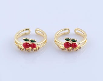 Anello aperto a forma di ciliegia in smalto riempito in oro 18 carati, anello a forma di frutta con zirconi cubici, anello con ala, anello dell'amicizia, anello sottile in oro, regalo per moglie, regalo per sorella