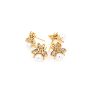 Firefly Earrings, 18K Gold Filled Insect Stud Earrings, Micropavé CZ Pearl Stud Earrings, Gift for Her, DIY Jewelry Making Accessories