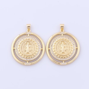 18K Gold Filled Round Pendant , Micro Pave Zirconia Christian Charms, Religious Charms, DIY Jewelry Making Findings Supplies